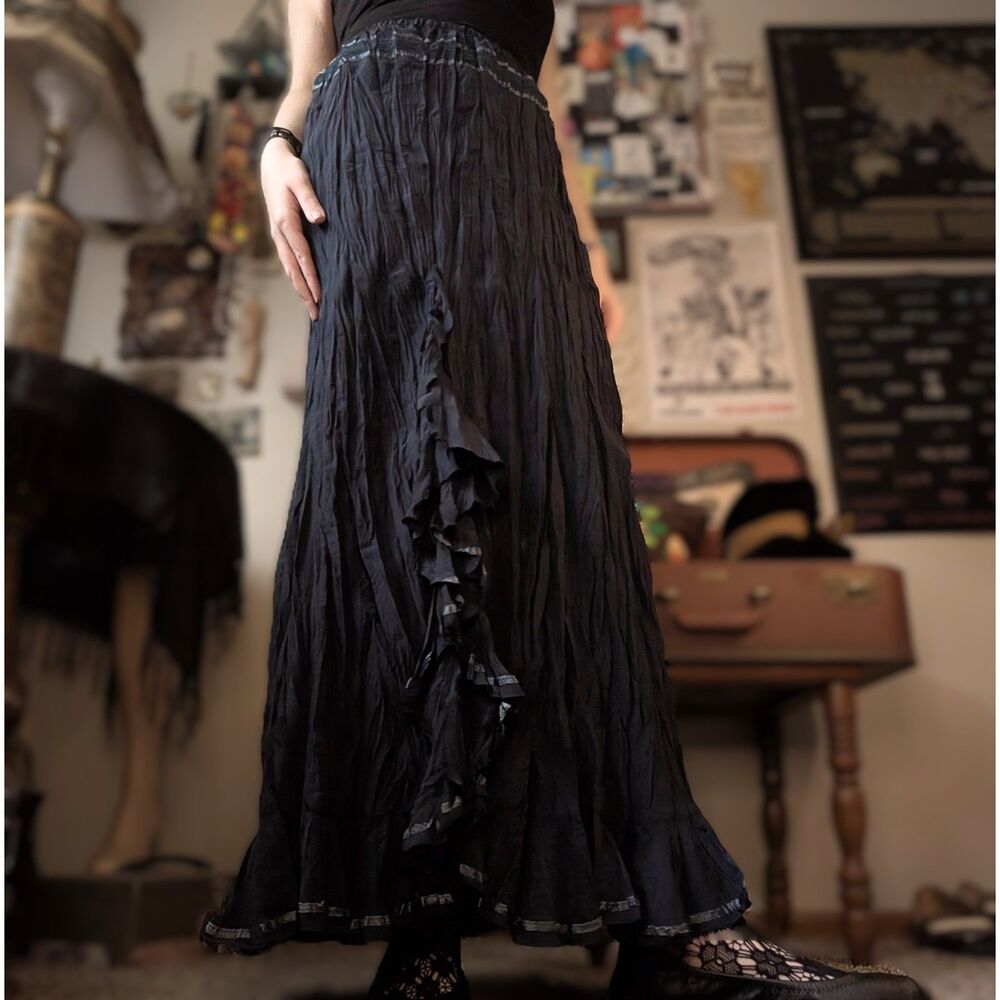 Vintage Crinkle Pleated Maxi Skirt Women's Small Dark Navy Blue Whimsygoth Boho